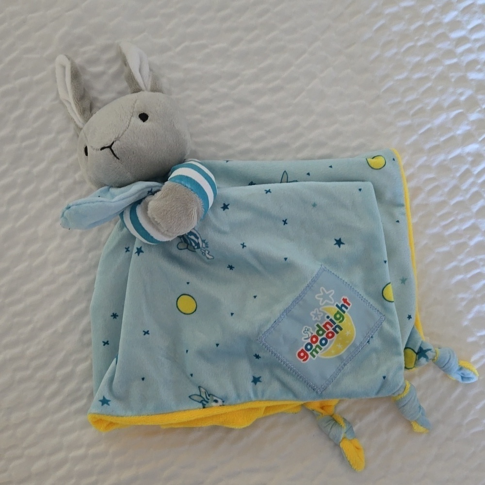 Goodnight Moon Blue Yellow Bunny Baby Blanket Lovey Soother Tie Knot Corners